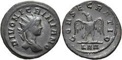 RÖMER RÖMISCHE KAISERZEIT. Divus Nigrinianus, ab 284/5 n. Chr. Antoninian ø 22mm (3,15g). Geprägt unter Carinus. Mzst. Rom. Vs.: DIVO NIGRINIANO, Kopf mit Strahlenkrone n. r. Rs.: CONSECRATIO / KAA, A