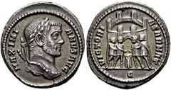 RÖMER RÖMISCHE KAISERZEIT. Maximianus Herculius, 285 - 310 n. Chr. Argenteus ø 18mm (3,66g). 295 - 297 n. Chr. Mzst. Rom. Vs.: MAXIMI-ANVS AVG, Kopf mit Lorbeerkranz n. r. Rs.: VICTORI-A SARMAT / E, T