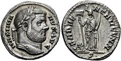 RÖMER RÖMISCHE KAISERZEIT. Maximianus Herculius, 285 - 310 n. Chr. Argenteus ø 18mm (2,90g). 296 - 298 n. Chr. Mzst. Karthago. Vs.: MAXIMIA-NVS AVG, Kopf mit Lorbeerkranz n. r. Rs.: F ADVE-NT AVGG NN 