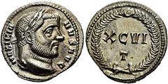RÖMER RÖMISCHE KAISERZEIT. Maximianus Herculius, 285 - 310 n. Chr. Argenteus ø 18mm (3,60g). 300 n. Chr. Mzst. Ticinum. Vs.: MAXIMIA-NVS AVG, Kopf mit Lorbeerkranz n. r. Rs.: XCVI / T im Kranz. RIC VI