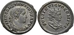 RÖMER RÖMISCHE KAISERZEIT. Constantin I., der Große, 307 - 337 n. Chr. AE Follis ø 24mm (5,11g). 310 - 313 n. Chr. Mzst. Treveris. Vs.: IMP CONSTANTINVS AVG, Panzerbüste mit Lorbeerkranz n. r. Rs.: SO