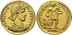 RÖMER RÖMISCHE KAISERZEIT. Julian II., 360 - 363 n. Chr. Solidus ø 21mm (4,40g). 361 - 363 n.Chr. Mzst. Sirmium. Vs.: FL CL IVLIA-NVS P P AVG, drapierte Panzerbüste mit Perlendiadem n. r. Rs.: VIRTVS 