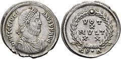 RÖMER RÖMISCHE KAISERZEIT. Julian II., 360 - 363 n. Chr. Reduzierte Siliqua ø 20mm (2,09g). 361 - 363 n.Chr. Mzst. Konstantinopel. Vs.: D N FL CL IVLI-ANVS P F AVG, drapierte Panzerbüste mit Perlendia