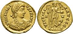 RÖMER RÖMISCHE KAISERZEIT. Honorius, 393 - 423 n. Chr. Solidus ø 20mm (4,38g). 402 - 403 n. Chr. Mzst. Ravenna. Vs.: D N HONORI-VS P F AVG, drapierte Panzerbüste mit Perlendiadem n. r. Rs.: VICTORI-A 