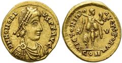RÖMER RÖMISCHE KAISERZEIT. Honorius, 393 - 423 n. Chr. Tremissis ø 13mm (1,54g). 402 - 403 n. Chr. Mzst. Ravenna. Vs.: DN HONORI- VS PF AVG, drapierte Panzerbüste mit Perlendiadem. Rs.: VICTORIA AVGVS