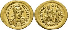 RÖMER RÖMISCHE KAISERZEIT. Theodosius II., 408 - 450 n. Chr. Solidus ø 23mm (4,48g). 425 - 430 n. Chr. Mzst. Konstantinopel. Vs.: D N THEODO-SIVS P F AVG, frontale Panzerbüste, Kopf leicht n. r., mit 
