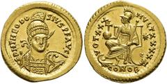 RÖMER RÖMISCHE KAISERZEIT. Theodosius II., 408 - 450 n. Chr. Solidus ø 21mm (4,46g). 430 - 440 n. Chr. Mzst. Konstantinopel. Vs.: D N THEODO-SIVS P F AVG, frontale Panzerbüste, Kopf leicht n. r., mit 