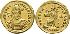 RÖMER RÖMISCHE KAISERZEIT. Theodosius II., 408 - 450 n. Chr. Solidus ø 21mm (4,45g). 430 - 440 n. Chr. Mzst. Konstantinopel. Vs.: D N THEODO-SIVS P F AVG, frontale Panzerbüste, Kopf leicht n. r., mit 