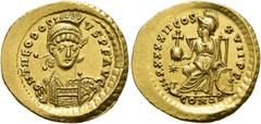 RÖMER RÖMISCHE KAISERZEIT. Theodosius II., 408 - 450 n. Chr. Solidus ø 21mm (4,46g). 443 - 450 n. Chr. Mzst. Konstantinopel. Vs.: D N THEODOSI-VS P· F· AVG, frontale Panzerbüste, Kopf leicht n. r., mi