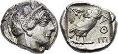 GRIECHEN ATTIKA. ATHEN. Tetradrachme ø 25mm (17,12g). 454 - 405 v. Chr. Vs.: Kopf der Athena mit verziertem u. bekränztem attischen Helm n. r. Rs.: ΑΘΕ, Eule n. r. stehend, Kopf in Vorderansicht, im F