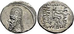 GRIECHEN PARTHER. ARSAKIDEN. Mithradates II., 121 - 91 v. Chr. Drachme ø 20mm (4,26g). ca. 96/5 - 93/2 v. Chr. Mzst. Rhagai. Vs.: Drapierte Büste mit Langbart, Tiara (Form V) u. Diadem n. l. Rs.: ΒΑΣΙ