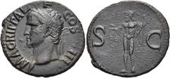 RÖMER RÖMISCHE KAISERZEIT. Agrippa, 64/3 - 12 v. Chr. AE As ø 30mm (11,56g). Geprägt unter Caligula, 37 - 41 n. Chr. Mzst. Rom. Vs.: M AGRIPPA L F COS III, Kopf mit corona rostrata n. l. Rs.: S - C, N
