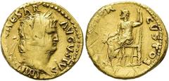 RÖMER RÖMISCHE KAISERZEIT. Nero, 54 - 68 n. Chr. Aureus ø 18mm (7,19g). 65 - 68 n. Chr. Mzst. Rom. Vs.: IMP NERO CAESAR AVGVSTVS, Kopf mit Lorbeerkranz n. r. Rs.: IVPPITER CVSTOS, Jupiter sitzt n. l. 