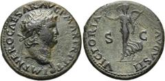 RÖMER RÖMISCHE KAISERZEIT. Nero, 54 - 68 n. Chr. AE Dupondius ø 29mm (11,69g). 66 n. Chr. Mzst. Lugdunum. Vs.: IMP NERO CAESAR AVG P MAX TR P P P, Büste mit Lorbeerkranz u. Globus n. r. Rs.: VICTORIA 