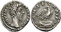 RÖMER RÖMISCHE KAISERZEIT. Divus Marcus Aurelius, ab 180 n. Chr. Denar ø 18mm (2,95g). 180 n. Chr. Mzst. Rom. Vs.: DIVVS M AN-TONINVS PIVS, Kopf n. r. Rs.: CONSECRATIO, Adler auf Girlanden geschmückte