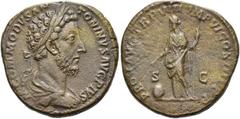 RÖMER RÖMISCHE KAISERZEIT. Commodus, 177 - 192 n. Chr. AE Sesterz ø 31mm (21,98g). 183 n. Chr. Mzst. Rom. Vs.: M COMMODVS AN-TONINVS AVG PIVS, Kopf mit Lorbeerkranz n. r. Rs.: PROV AVG TR P VIII IMP V