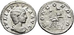 RÖMER RÖMISCHE KAISERZEIT. Iulia Paula, 220 n. Chr. Denar ø 19mm (2,50g). Mzst. Rom. Vs.: IVLIA PAVLA AVG, drapierte Büste n. r. Rs.: CONCORDIA, Concordia sitzt mit Patera n. l., l. im Feld Stern. RIC