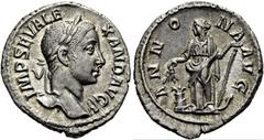 RÖMER RÖMISCHE KAISERZEIT. Severus Alexander, 222 - 235 n. Chr. Denar ø 19mm (3,14g). 227 n. Chr. Mzst. Rom. Vs.: IMP SEV ALE-XAND AVG, Kopf mit Lorbeerkranz n.r. Rs.: ANN-O-NA AVG, Annona steht mit K
