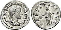 RÖMER RÖMISCHE KAISERZEIT. Gordian III., 238 - 244 n. Chr. Denar ø 20mm (2,50g). 241 - 243 n.Chr. Mzst. Rom. Vs.: IMP GORDIANVS PIVS FEL AVG, drapierte Panzerbüste mit Lorbeerkranz n.r. Rs.: LAETITIA 