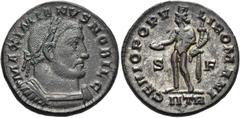 RÖMER RÖMISCHE KAISERZEIT. Galerius als Caesar, 293 - 305 n. Chr. AE Follis ø 27mm (9,83g). 302 - 303 n. Chr. Mzst. Treveris. Vs.: MAXIMIANVS NOBIL C, Panzerbüste mit Lorbeerkranz n. r. Rs.: GENIO POP