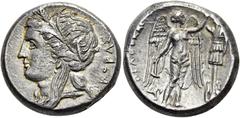 GRIECHEN SIZILIEN. SYRAKUS. Agathokles, 317 - 289 v. Chr. Tetradrachme (17,19g). ca. 310 - 306/5 v. Chr. Vs.: Kopf der Kore mit Ährenkranz, Ohr- u. Halsschmuck n. l., dahinter ΚΟΡΑΣ. Rs.: ΑΓΑΘΟΚΛΕΙΟΣ,