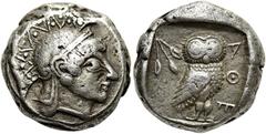 GRIECHEN ATTIKA. ATHEN. Tetradrachme (17,10g). ca. 500/490 - 485/0 v. Chr. Vs.: Kopf der Athena mit attischen Helm mit Helmbusch n. r. Rs.: ΑΘΕ, Eule im Quadratum incusum n. r. stehend, l. oben Ölbaum
