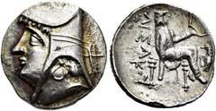 GRIECHEN PARTHER. ARSAKIDEN. Arsakes II. (Artabanos I.), 211 - 185 v. Chr. Drachme (3,74g). ca. 211 - 209 v. Chr. Mzst. Rhagai-Arsakeia? Vs.: Kopf mit Baschlik n. l. Rs.: ΑΡΣΑΚΟΥ, Arsakes I. sitzt n. 