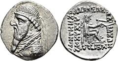 GRIECHEN PARTHER. ARSAKIDEN. Mithradates II., 121 - 91 v. Chr. Drachme (4,25g). ca. 109 - 96/5 v. Chr. Mzst. Rhagai. Vs.: Drapierte Büste mit Langbart u. Diadem n. l. Rs.: ΒΑΣΙΛΕΩΣ / ΒΑΣ-ΙΛΕΩΝ / ΜΕΓΑΛ
