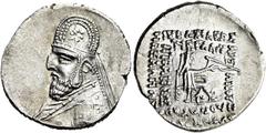 GRIECHEN PARTHER. ARSAKIDEN. Mithradates III., 87 - 80 v. Chr. Drachme (4,14g). Mzst. Ekbatana. Vs.: Drapierte Büste mit Vollbart, Tiara u. Diadem n. l. Rs.: ΒΑΣΙΛΕΩΣ / ΜΕΓΑΛΟΥ / ΑΡΣ-ΑΚΟΥ / ΑΥΤΟΚΡΑΤΟΡ