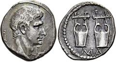 RÖMISCHE PROVINZIALPRÄGUNGEN LYKIEN. KOINON. Augustus, 27 v. Chr. - 14 n. Chr. Drachme (2,23g). ca. 27 - 20 v. Chr. Mzst. der Masikythes. Vs.: Kopf n. r. zwischen Λ-Υ. Rs.: Zwei Kitharas, darunter M-A