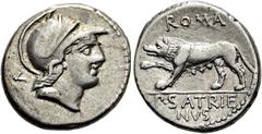 RÖMER RÖMISCHE REPUBLIK. RÖMISCHE REPUBLIK NACH 211 V. CHR.. P. Satrienus, 77 v. Chr. Denar (3,93g). Mzst. Rom. Vs.: Kopf der Roma mit attischem Helm n. r., dahinter liegendes V. Rs.: ROMA / P SATRIE/