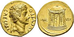 RÖMER RÖMISCHE KAISERZEIT. Augustus, 27 v. Chr. - 14 n. Chr. Aureus (7,90g). 18 v. Chr. Mzst. Colonia Patricia? Vs.: CAESARI AVGVSTO, Kopf mit Lorbeerkranz n. r. Rs.: MAR - VLT, hexastyler Rundtempel,