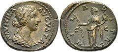 RÖMER RÖMISCHE KAISERZEIT. Faustina minor, 147 - 176 n. Chr. AE Dupondius (15,65g). 161 - 164 n. Chr. Mzst. Rom. Vs.: FAVSTINA AVGVSTA, drapierte Büste n. r. Rs.: HILARITAS / S - C, Hilaritas steht mi