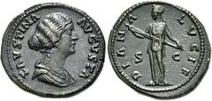 RÖMER RÖMISCHE KAISERZEIT. Faustina minor, 147 - 176 n. Chr. AE As (13,05g). 161 - 164 n. Chr. Mzst. Rom. Vs.: FAVSTINA AVGVSTA, drapierte Büste n. r. Rs.: DIAN-A LVCIF / S - C, Diana steht n. l. u. h