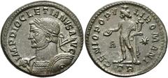 RÖMER RÖMISCHE KAISERZEIT. Diocletian, 284 - 305 n. Chr. AE Follis (9,28g). 298 - 299 n. Chr. Mzst. Treveris. Vs.: IMP DIOCLETIANVS A-VG, Panzerbüste mit Lorbeerkranz, Schild u. Speer über der Schulte