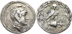 GRIECHEN ATTIKA. ATHEN. Tetradrachme des Neuen Stils ø 34mm (16,61g). 147/6 v. Chr. Vs.: Kopf der Athena Parthenos mit reich geschmücktem Helm n. r. Rs.: Α-ΘΕ, Eule auf liegender Amphora sitzend, über