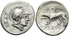 RÖMER RÖMISCHE REPUBLIK. RÖMISCHE REPUBLIK NACH 211 V. CHR. P. Satrienus, 77 v. Chr. Denar ø 18mm (2,80g). Mzst. Rom. Vs.: Kopf der Roma mit attischem Helm n. r., dahinter XXXII. Rs.: ROMA / P SATRIE/