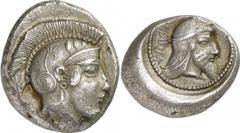 GRIECHEN LYKIEN DYNASTEN (8,49 g.), 440 / 410 v. Chr. Vs.: Kopf der Athena mit attischem Helm r. Rs.: "khere", Kopf des Dynasten mit persischer Kyrbasia r. in rundem vertieften Feld mit Perlrahmen. Vg