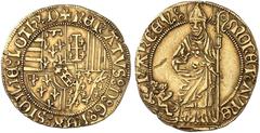 LOTHRINGEN LOTHRINGEN. René II., 1473-1508 Florin d'or o. J. Wappen / St. Nikolaus. Friedb. 139, DS 12/5 corr., Flon 563/24-25 var. Gold, RR ! kl. Kr., ss ex Künker 78 (2002) 4143