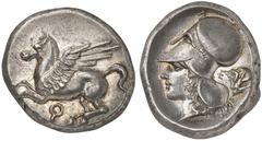 Antike Münzen GRIECHISCHE MÜNZEN. KORINTHIA. - Korinthos. Stater, um 336 v. Chr. Pegasos / Athenakopf, im Feld E + Rose. Ravel 997b Prachtexemplar ! 8,58 g vz ex NAC 7 (1994) 233