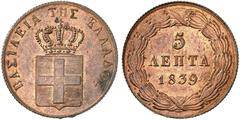 Ausländische Münzen EUROPA. GRIECHENLAND. Otto I. von Bayern, 1832-1862. 5 Lepta 1839, Athen. Divo 21f Prachtexemplar ! in dieser Erhaltung sehr selten ! kl. Fleck, St