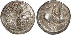 Antike Münzen KELTISCHE MÜNZEN. DONAUKELTEN. Tetradrachme, nach dem Vorbild Philippos II., Typ Audoleon. Bärtiger Kopf / Vogelreiter. OTA 336; Slg. Lanz 673 13,97 g vz