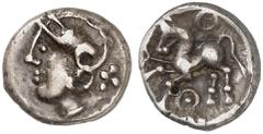 Antike Münzen KELTISCHE MÜNZEN. GALLIEN. - Aedui. Quinar. Behelmter Kopf / Pferd umgeben von Ringeln. LT 5138 1,90 g
