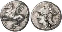 Antike Münzen GRIECHISCHE MÜNZEN. KORINTHIA. - Korinthos. Stater, 386-307 v. Chr. Pegasos / Athenakopf mit bekränztem Helm, dahinter Pflug. Ravel 1022 8,48 g ss - vz