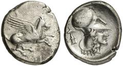 Antike Münzen GRIECHISCHE MÜNZEN KORINTHIA - Korinthos Stater, 415-387 v. Chr. Pegasos / Athenakopf, Beizeichen Thymiaterion. Ravel 564 8,00 g kl. Sfr. am Rand, ss