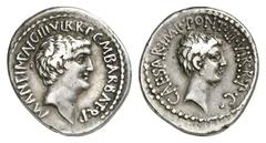 Antike Münzen RÖMISCHE MÜNZEN RÖMISCHE REPUBLIK Marcus Antonius. Denar, 41 v. Chr., Athen. Kopf des Marcus Antonius / Kopf des künftigen Augustus. Cr. 517/2; S. 1181 3,66 g fein getönt, ss