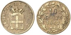 Spezialsammlung Bayern DIE HERZOGLICH - BAYERISCHE HAUPTLINIE Otto Friedrich Ludwig, 1832-1862, als König von Griechenland 10 Lepta 1857, Athen. Witt. 2902 Anm., Divo 20g ss