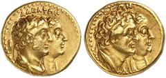 Antike Münzen GRIECHISCHE MÜNZEN. PTOLEMÄERREICH. Ptolemaios II. Philadelphos, 285 - 246 v. Chr. Gold-Tetradrachme. Büsten von Ptolemaios II. und Arsinoe II., dahinter Galaterschild / Büsten von Ptole