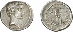 LYKIEN LYKISCHER BUND. Augustus (31 v. Chr. - 14 n. Chr.) Drachme, 27 - 20 v. Chr., Kragos. 3.49 g. Kopf des Augustus rechts. Rs: L - U / K - R. Kithara; rechts im Feld Zweig. Troxell (1982) 111. RPC 