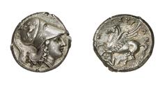 GRIECHISCHE MÜNZEN SYRAKUS SYRAKUS Agathokles (317 - 289 v. Chr.) Stater (Didrachmon), ca. 317 - 310 v. Chr. 8.55 g. Kopf der Athena mit korinthischem Helm (auf dem Helmkessel springender Greif) und P